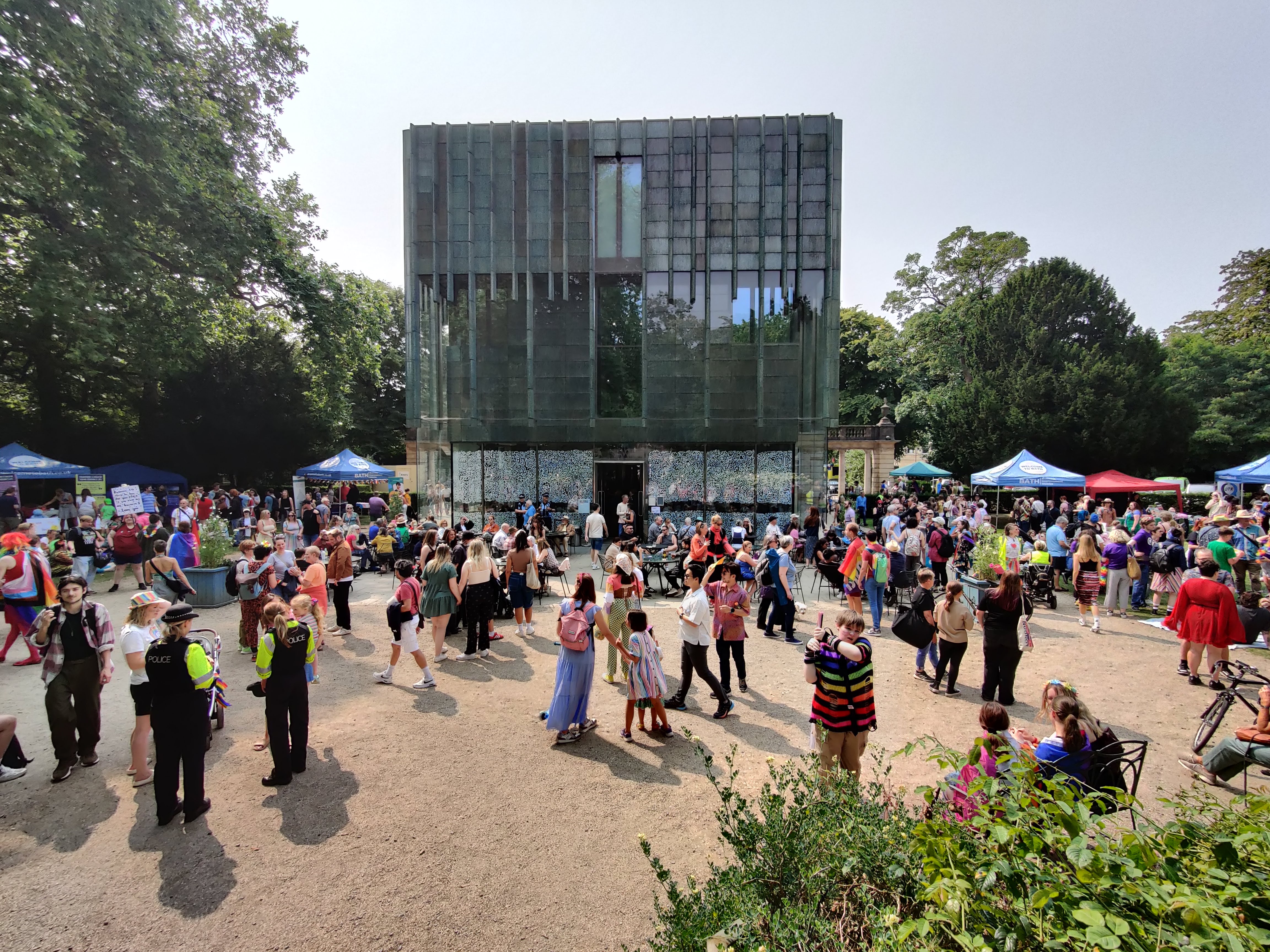 A view of the back of the Holburne Museum showing some of the picnic attendees and stalls